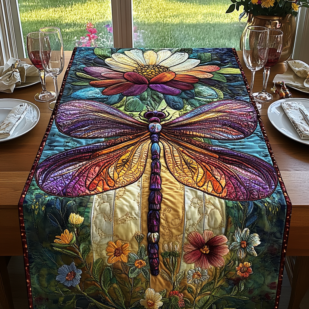 Jewel Dragonfly quilted table runner – purple dragonfly over flowers