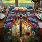Jewel Dragonfly quilted table runner – purple dragonfly over flowers