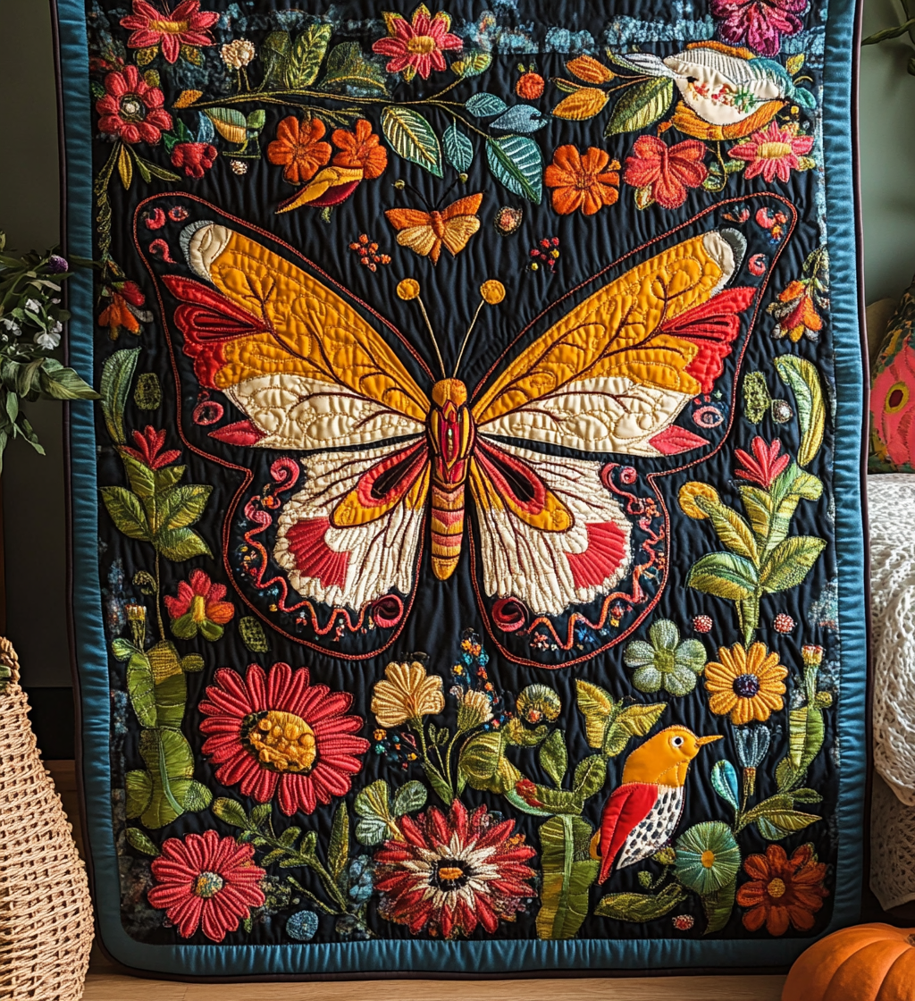 Black Butterfly Garden art quilt – butterfly on black