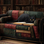Black Cat Library quilted sofa cover – black cat on rows of old books