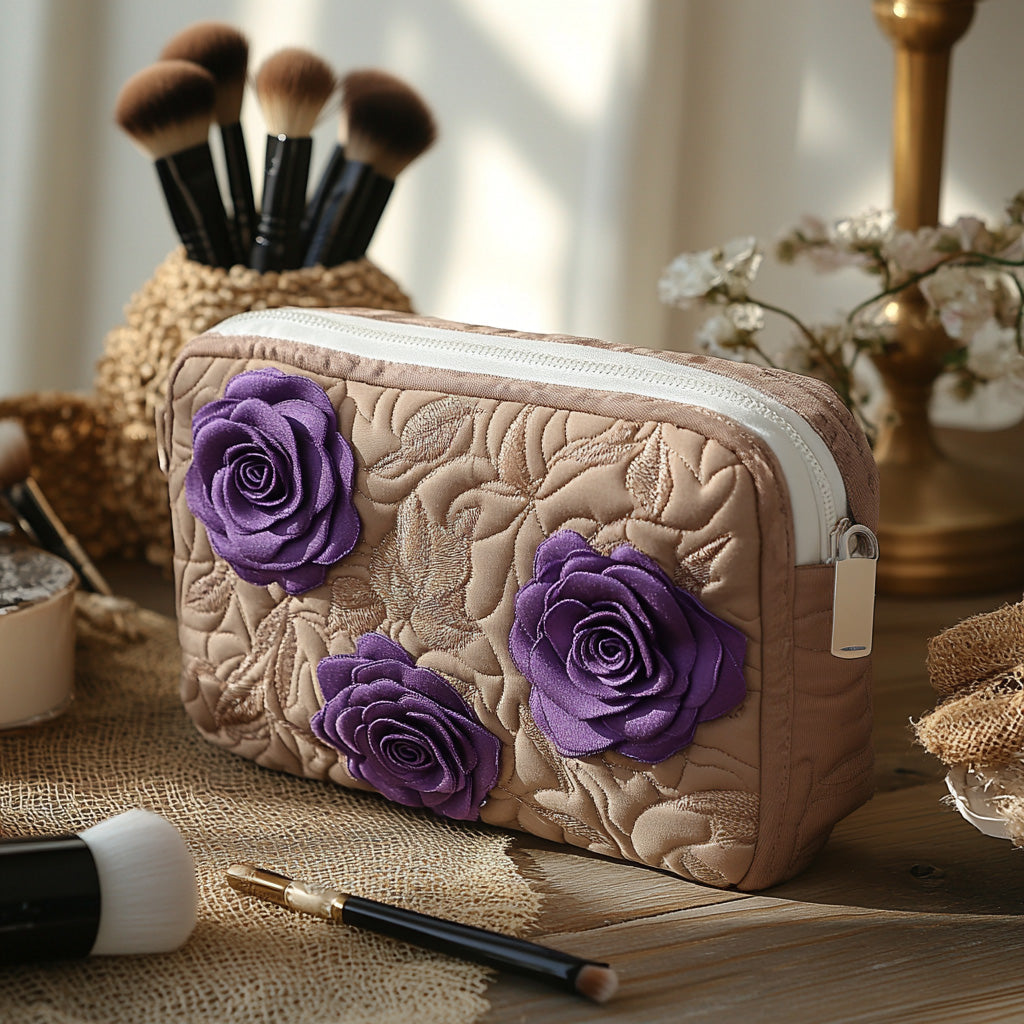 Quilted make-up bag with an Enchanted Rose design of deep purple roses and layered petals against shadowed green leaves