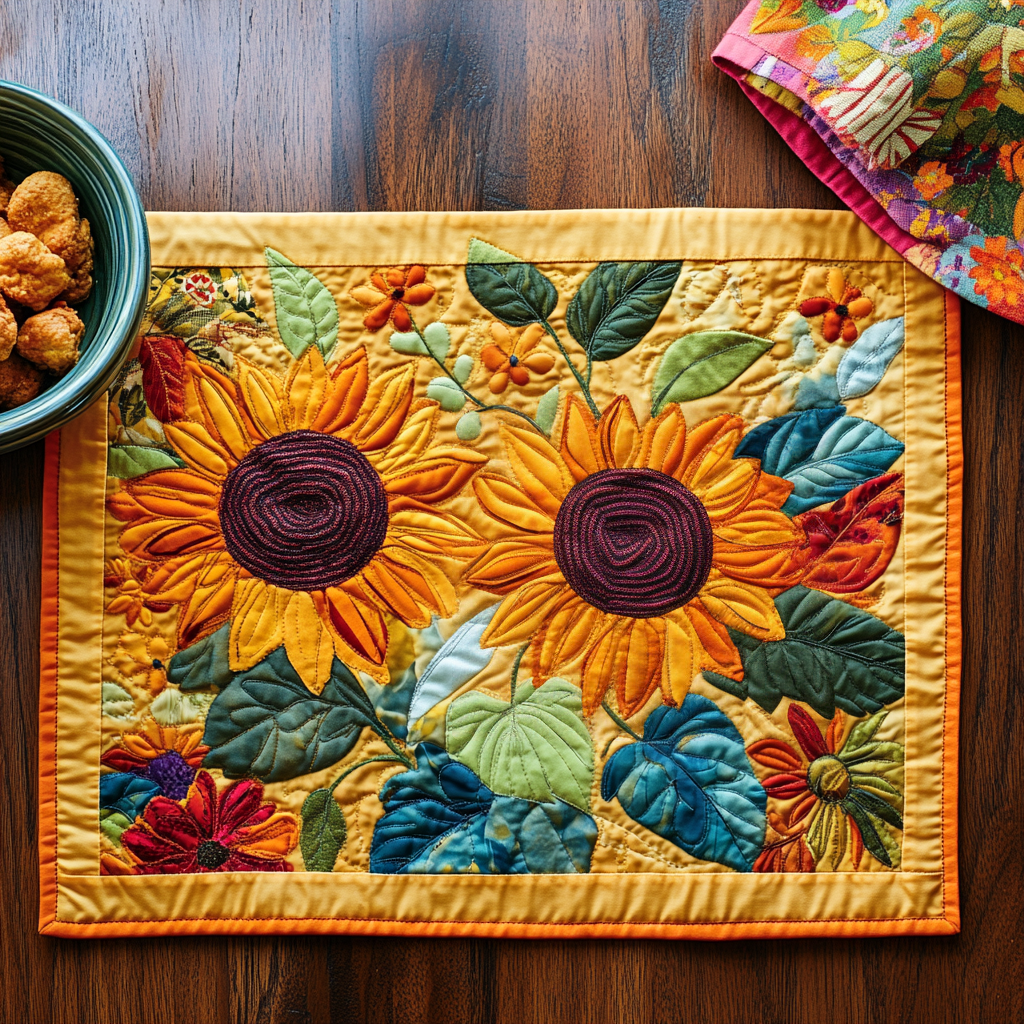 Endearing Sunflowers quilted placemats – sunflowers on gold