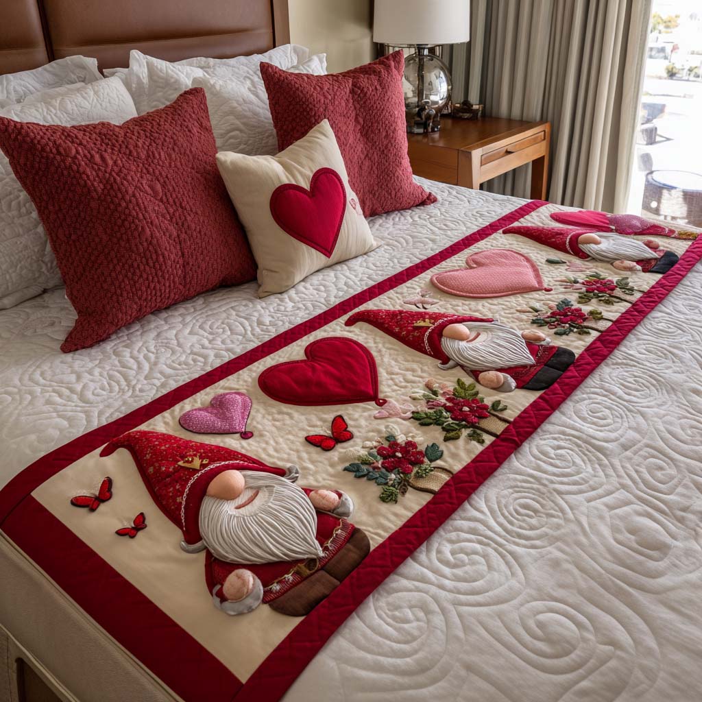 Gnome Valentine quilted bed runner – gnome with hearts on cream