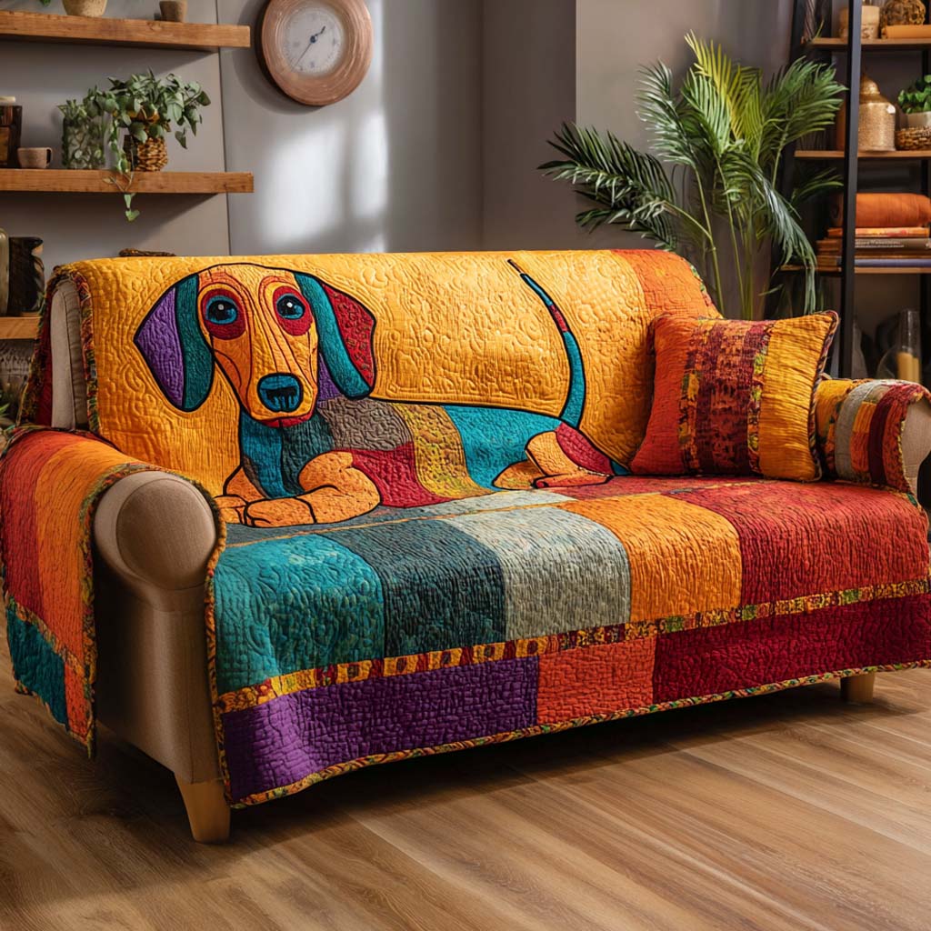 Doxie Colour Block quilted sofa cover – dachshund on bright colour blocks