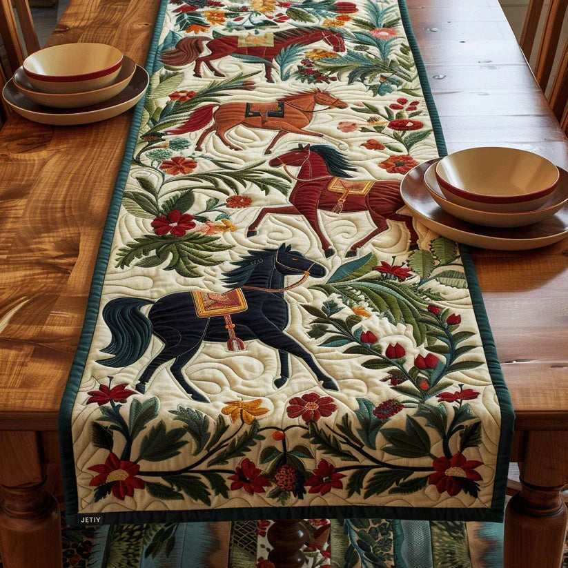 Quilted table runner with a Mystical Horses design of painterly horses emerging from swirls of shifting colour, manes running into the background