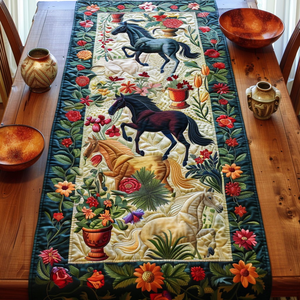Garden Horses quilted table runner – horses among flowers
