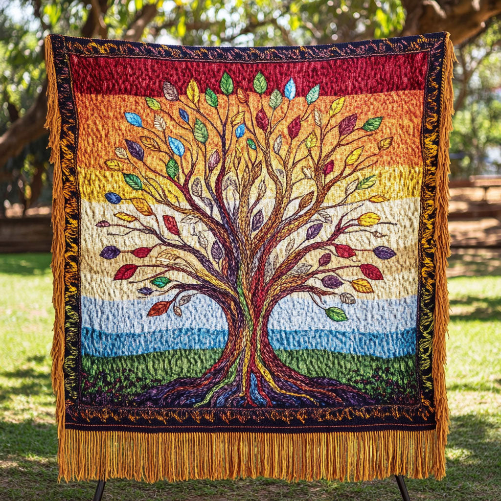 Rainbow Tree fringed throw – tree of life before a rainbow sky