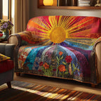 Sunburst Meadow quilted sofa cover – golden sun over wildflowers