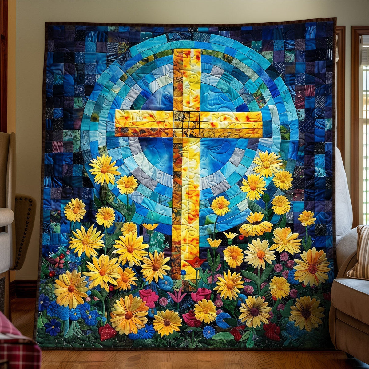 Golden Cross Sunflowers art quilt – golden cross with sunflowers