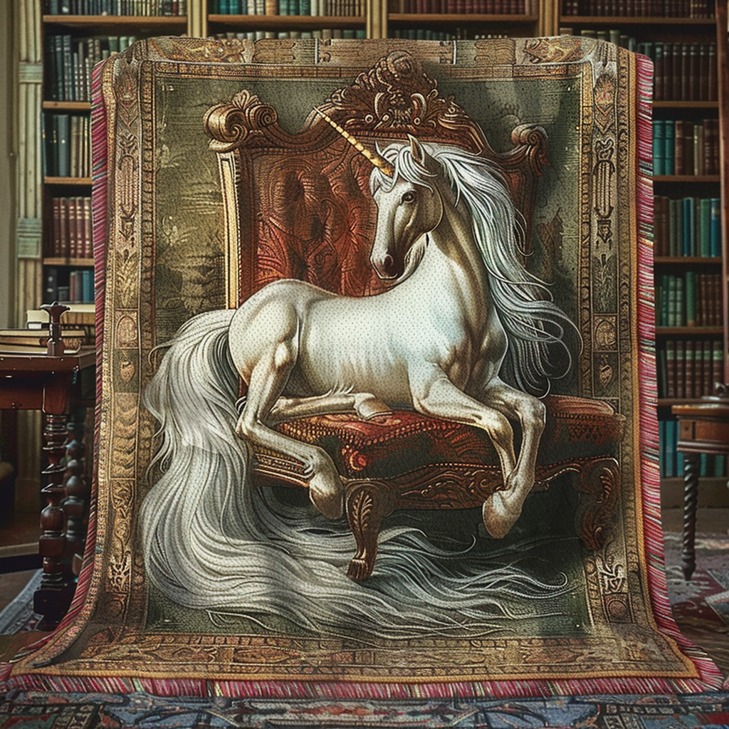 Library Unicorn woven sofa throw – unicorn in an old library