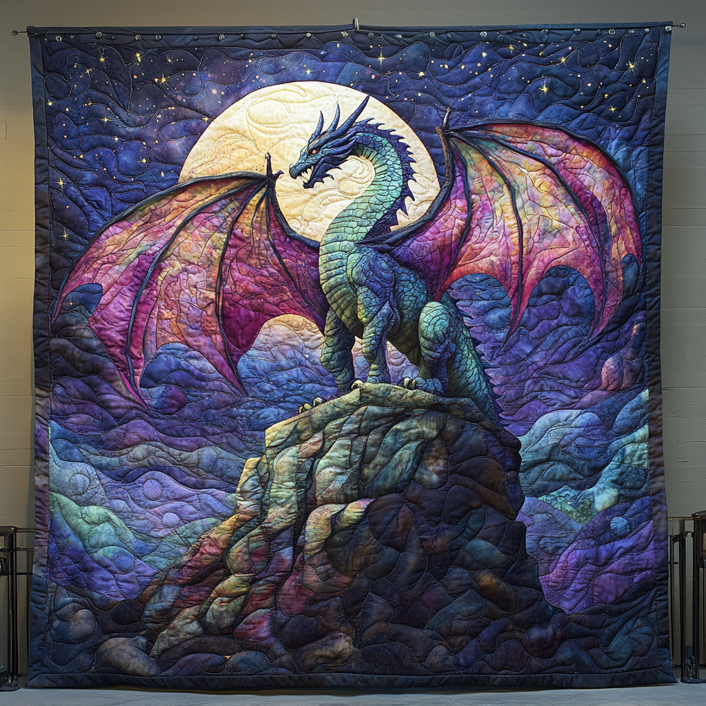 Dragon on the Rock quilted throw – dragon on a rock beneath a full moon