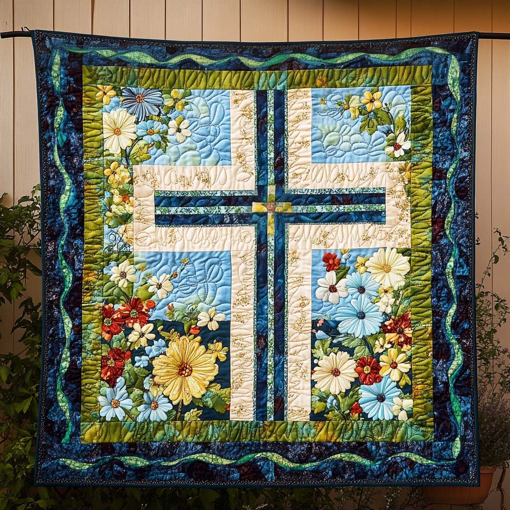 Blue Cross Blossoms art quilt – cross with blossoms