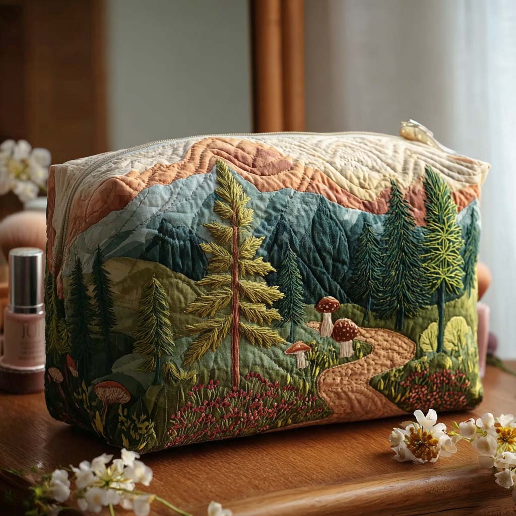 Quilted make-up bag with an Eternal Forest design showing a vintage camper van among tall pines and retro daisies