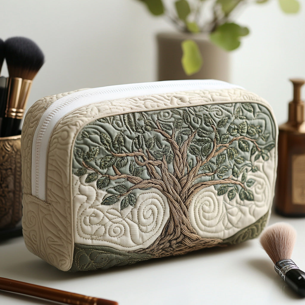 Eternal Roots quilted make-up bag with sage green tree of life with swirling branches on ivory