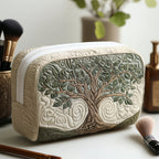 Eternal Roots quilted make-up bag with sage green tree of life with swirling branches on ivory