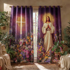 Cross and Christ quilted curtains – cross and Christ on purple