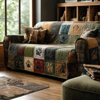Forest Paw Patchwork quilted sofa cover – paw prints in green and tan patchwork