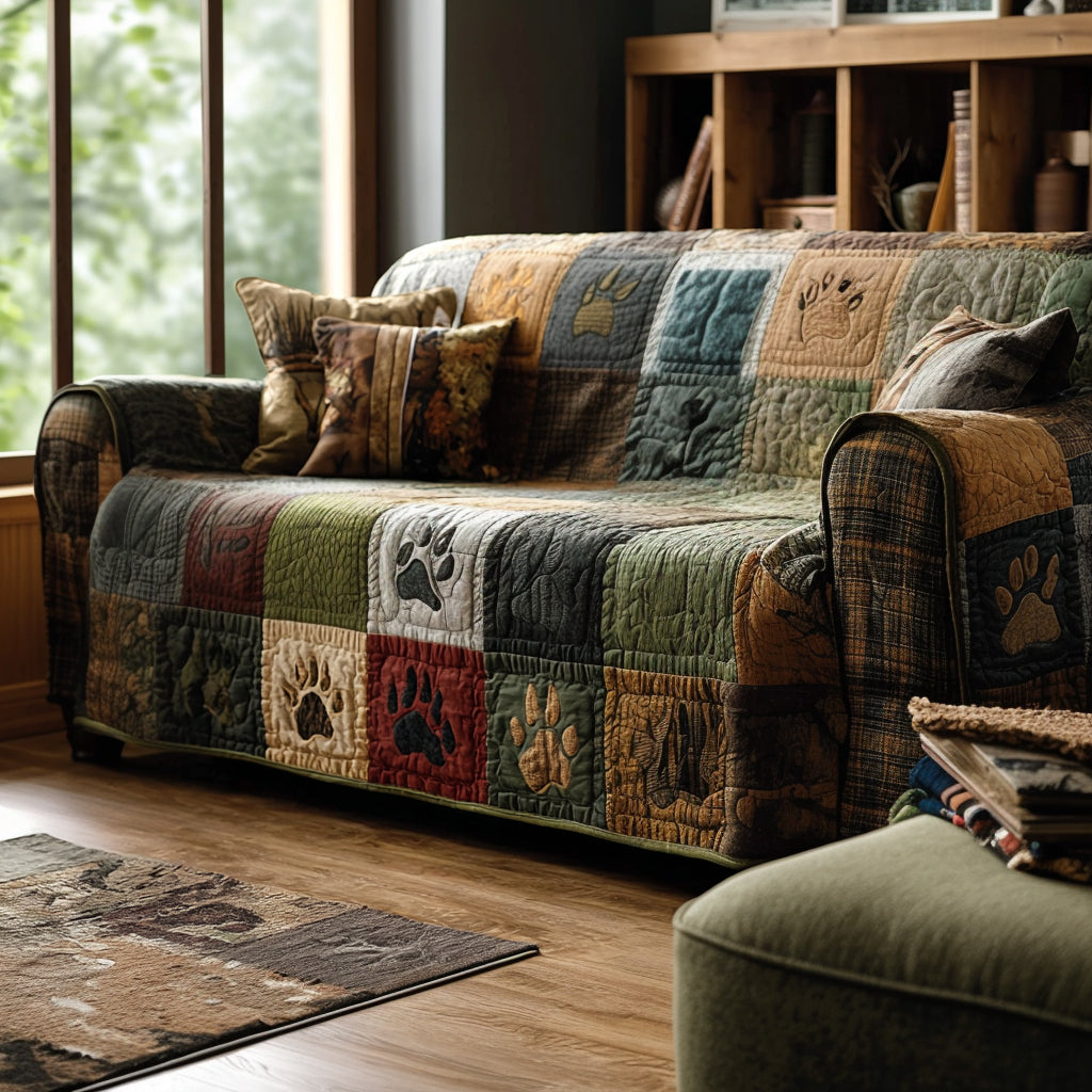 Forest Paw Patchwork quilted sofa cover – paw prints in green and tan patchwork