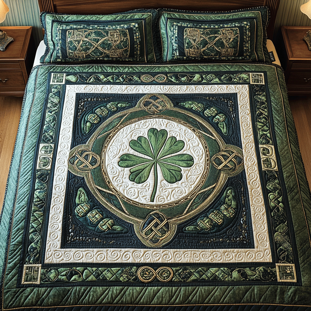 Celtic Shamrock quilted bedspread set – shamrock within Celtic knotwork on green