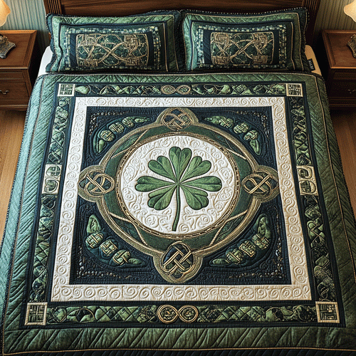 Celtic Shamrock quilted bedspread set – shamrock within Celtic knotwork on green