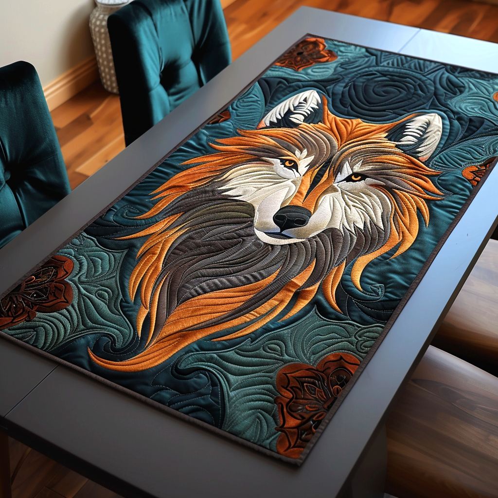 Copper Wolf quilted table runner – copper wolf on teal