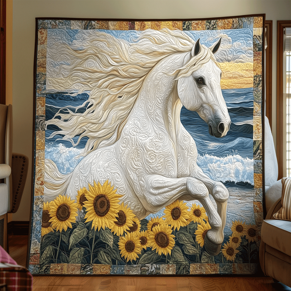 Sunflower Stallion art quilt – white horse and sunflowers