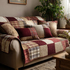 Burgundy Plaid Patchwork quilted sofa cover – burgundy and plaid patchwork