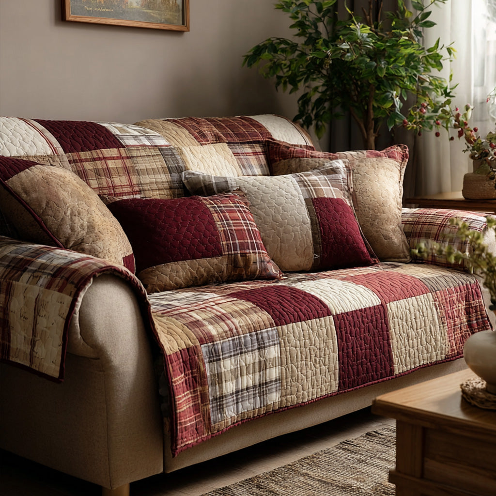 Burgundy Plaid Patchwork quilted sofa cover – burgundy and plaid patchwork