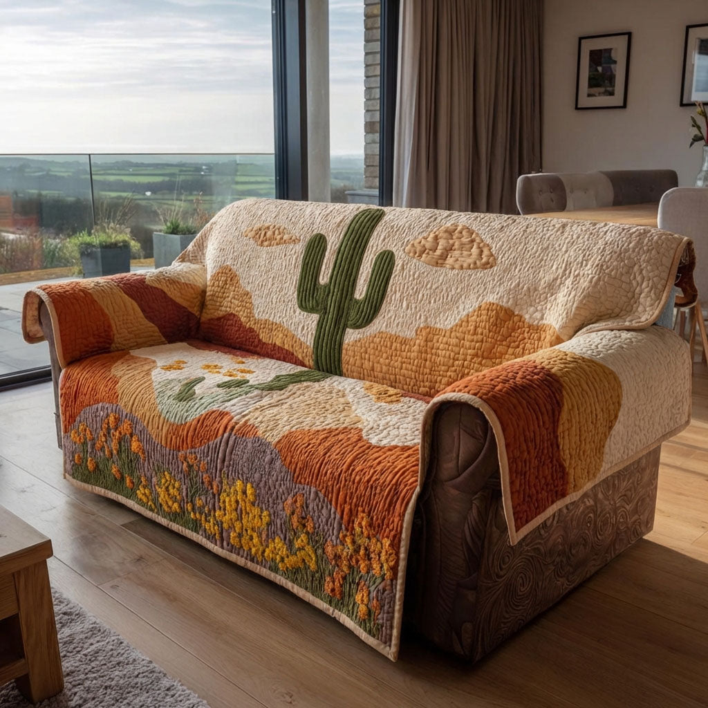 Golden Cactus Dunes quilted sofa cover – cactus above orange dunes