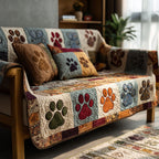 Paw Print Medley quilted sofa cover – colourful paw prints on cream