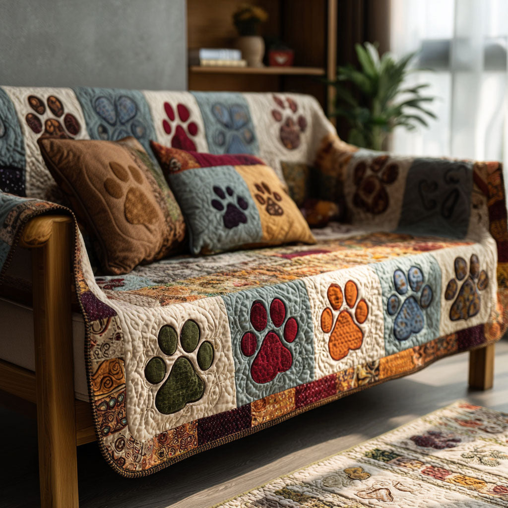 Paw Print Medley quilted sofa cover – colourful paw prints on cream