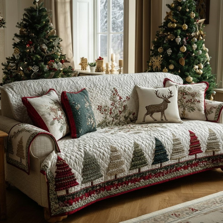 Reindeer Forest quilted sofa cover – reindeer and trees on cream