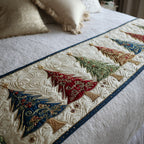 Christmas Trees on Cream quilted bed runner – patterned Christmas trees on cream