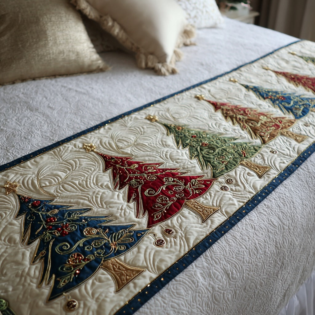 Christmas Trees on Cream quilted bed runner – patterned Christmas trees on cream