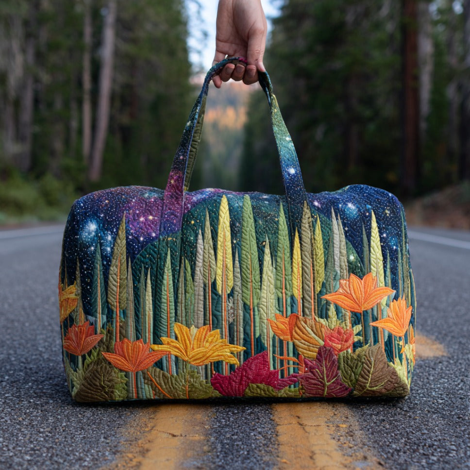 Evergreen Path quilted weekend bag – starry forest