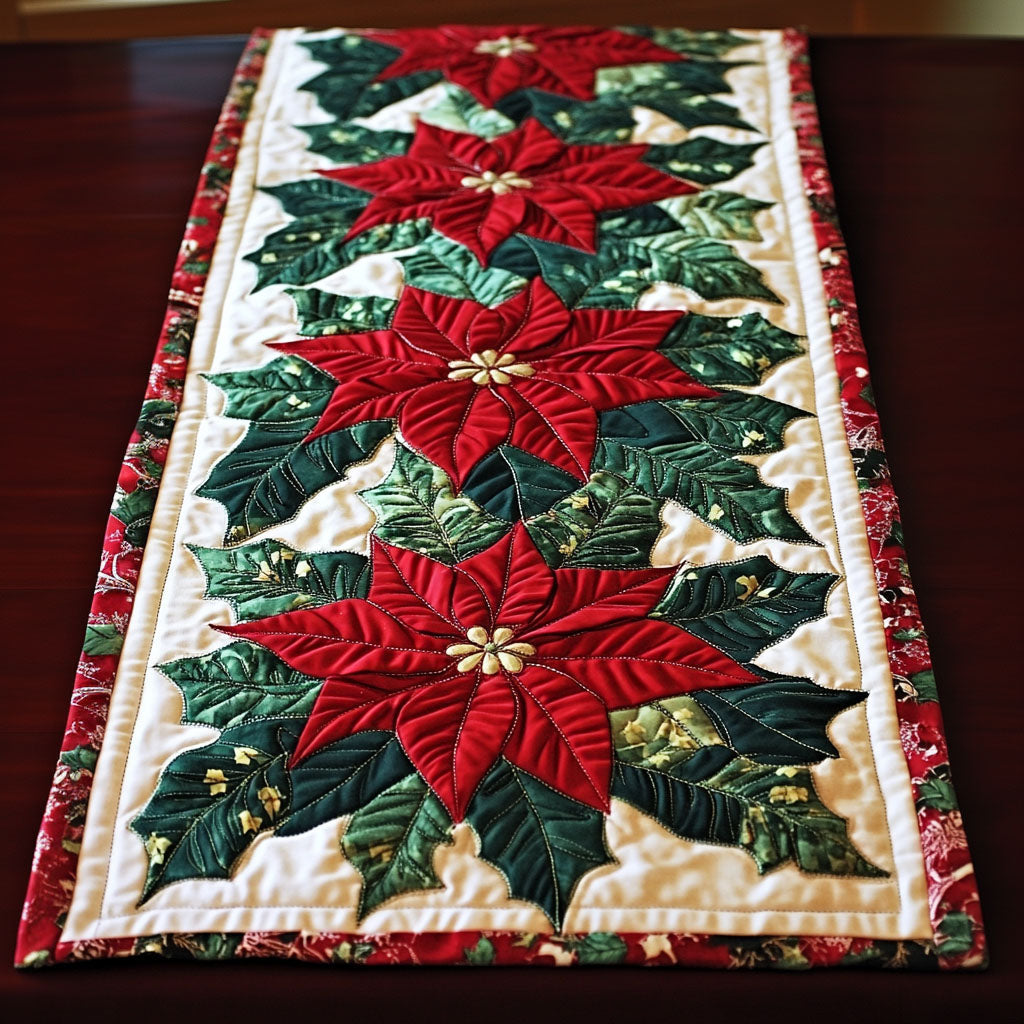 Poinsettia Panels quilted table runner – red poinsettias on cream