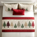 Little Pines on Red quilted bed runner – little pine trees between red bands