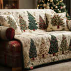 Evergreen Rows quilted sofa cover – rows of green trees on cream