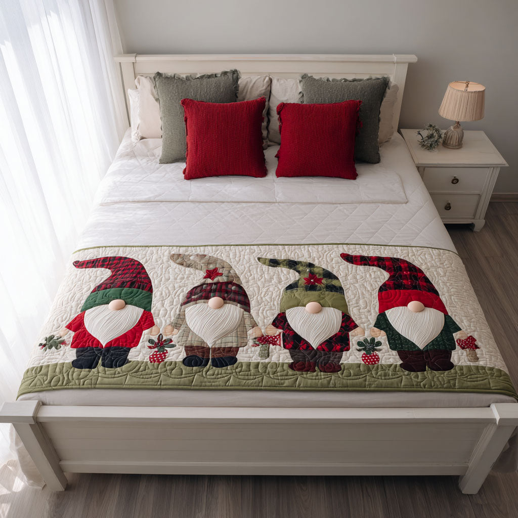 Christmas Gnomes quilted bed runner – four gnomes in red and green hats