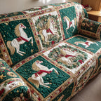Carousel Horses quilted sofa cover – white horses in emerald frames