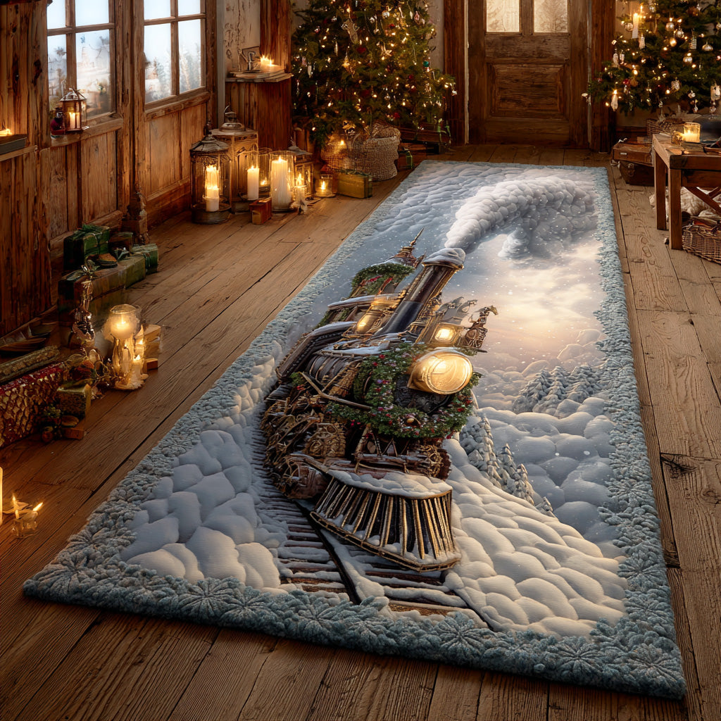 Evergreen Rail Journey hallway runner – steam train in snow