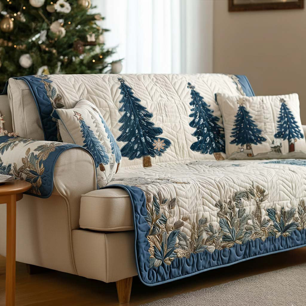 Frosted Blue Firs quilted sofa cover – blue fir trees on cream