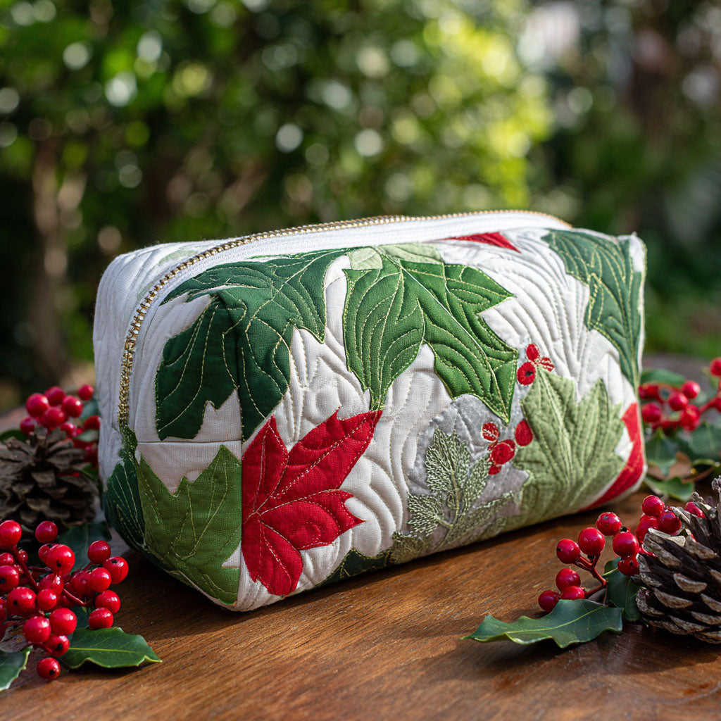 Evergreen Spirit quilted make-up bag with red poinsettias, holly and green leaves on white quilting