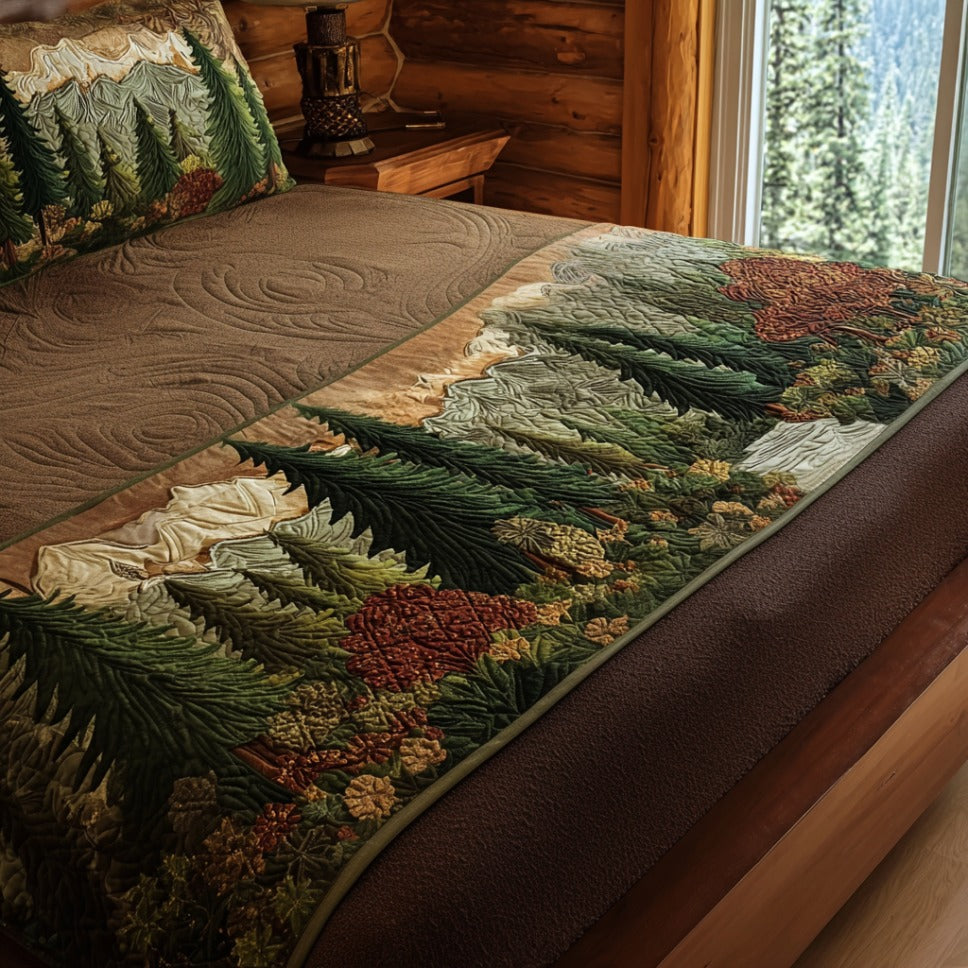Evergreen Woodland quilted bed runner – evergreen forest in greens and rust