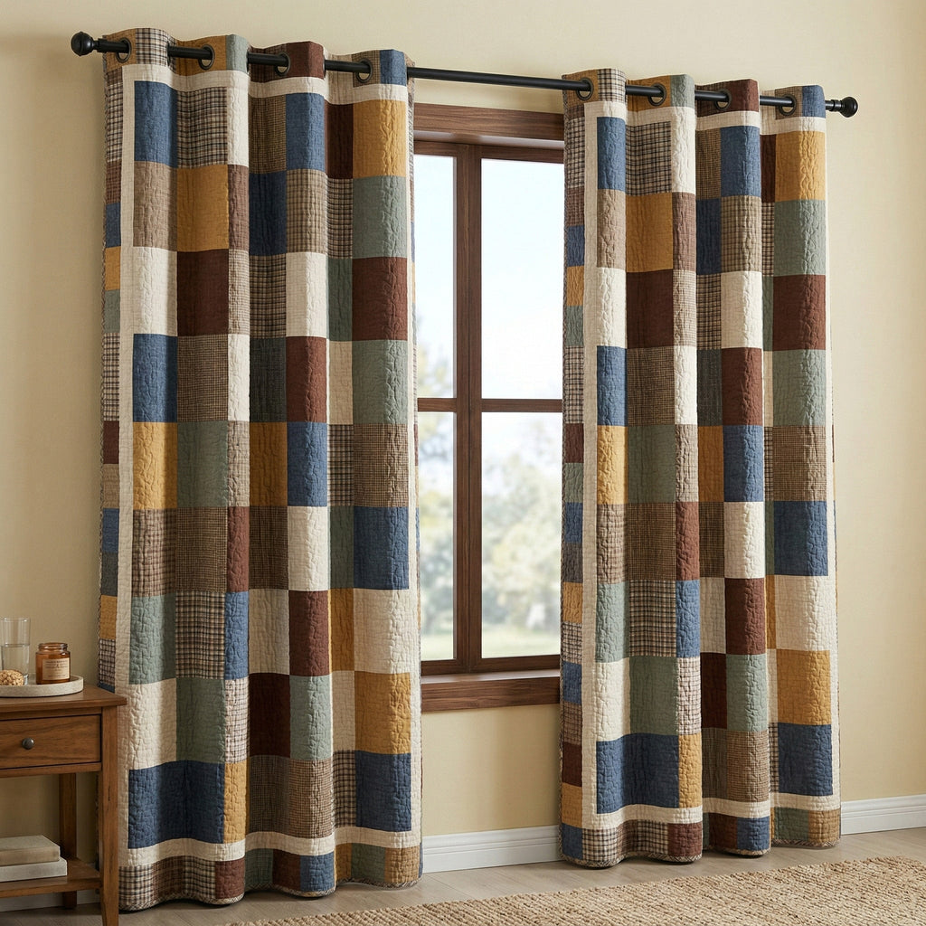 Everyday Patchwork quilted curtains – navy and tan patchwork squares