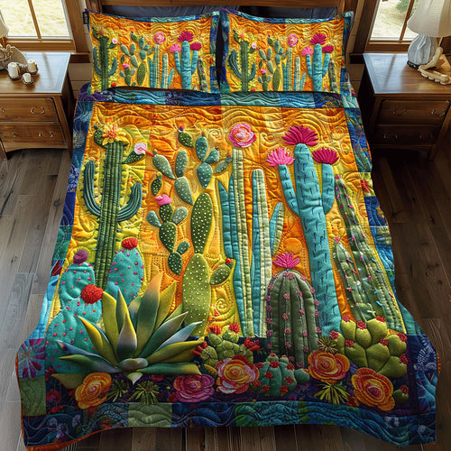 Cactus Fiesta quilted bedspread set – cacti and flowers on vivid patchwork