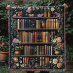 Floral Bookcase woven sofa throw – bookcase edged with roses