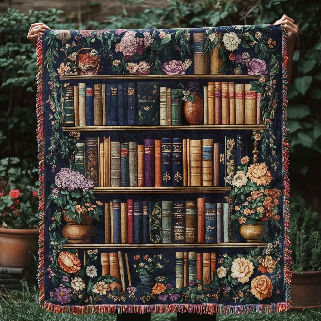 Floral Bookcase woven sofa throw – bookcase edged with roses