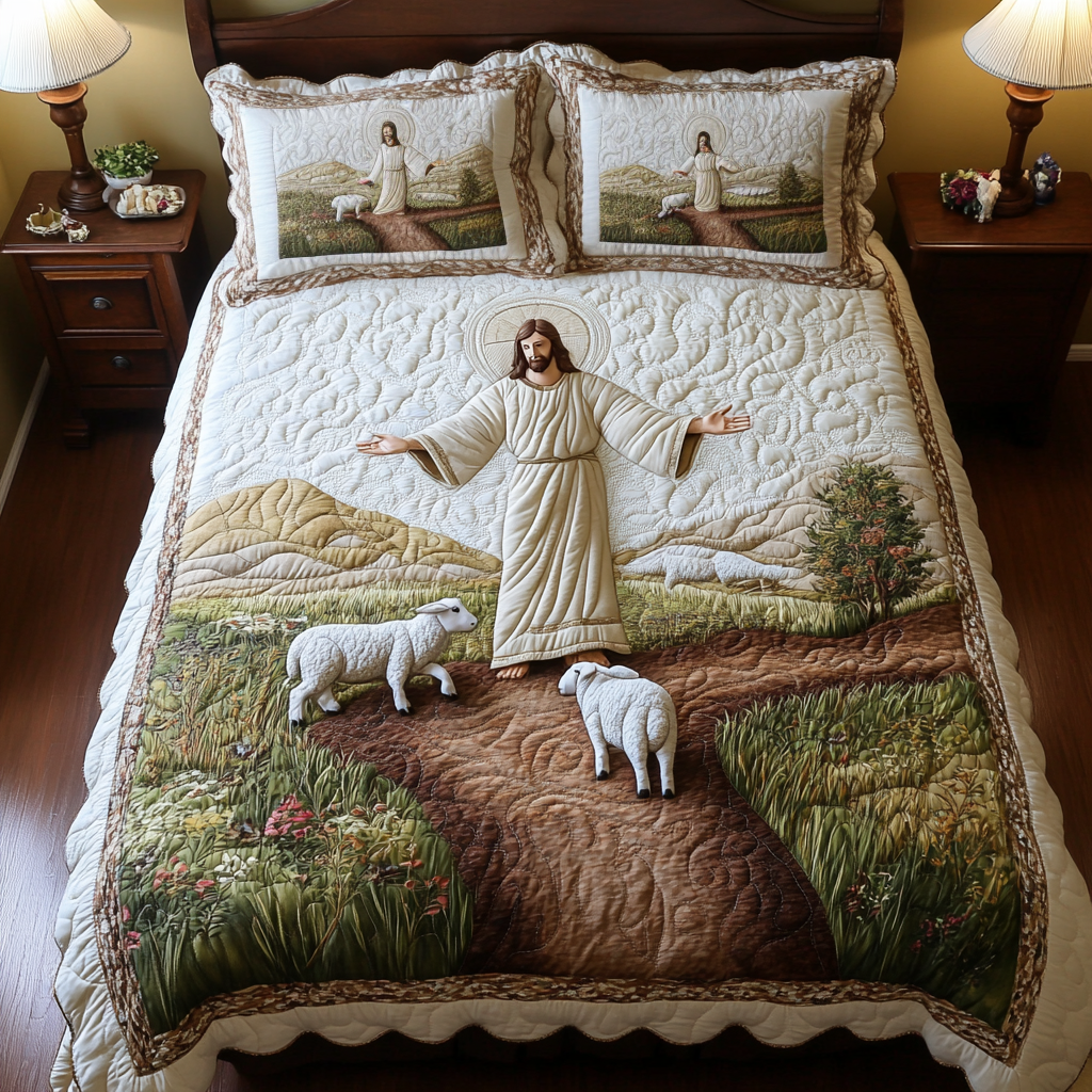 Good Shepherd quilted bedspread set – jesus with lambs on a country path