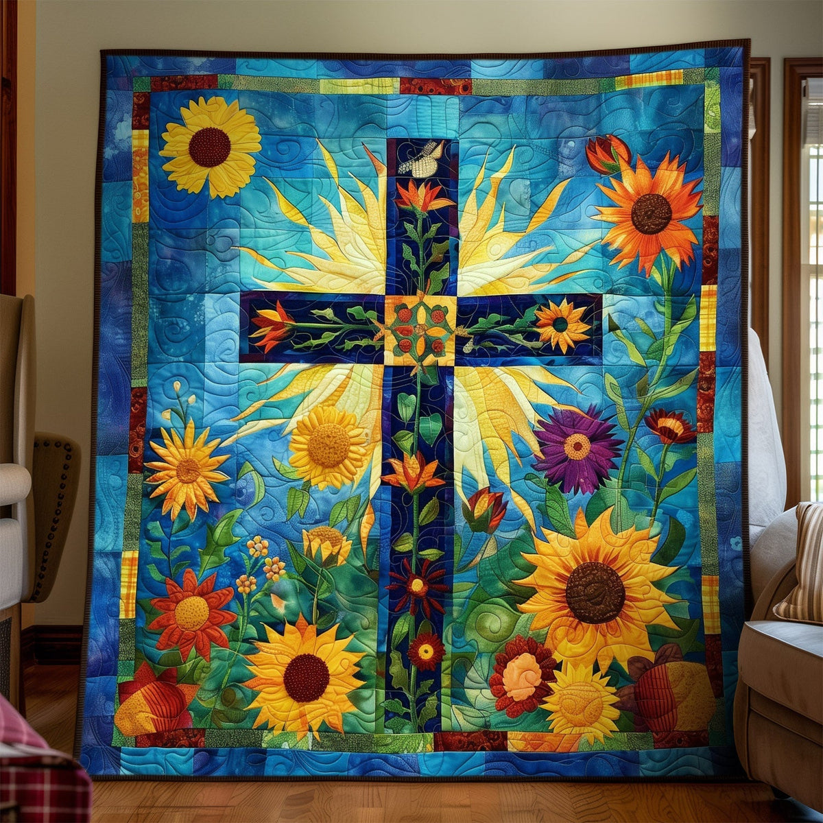 Sunburst Cross art quilt – cross with sunbeams